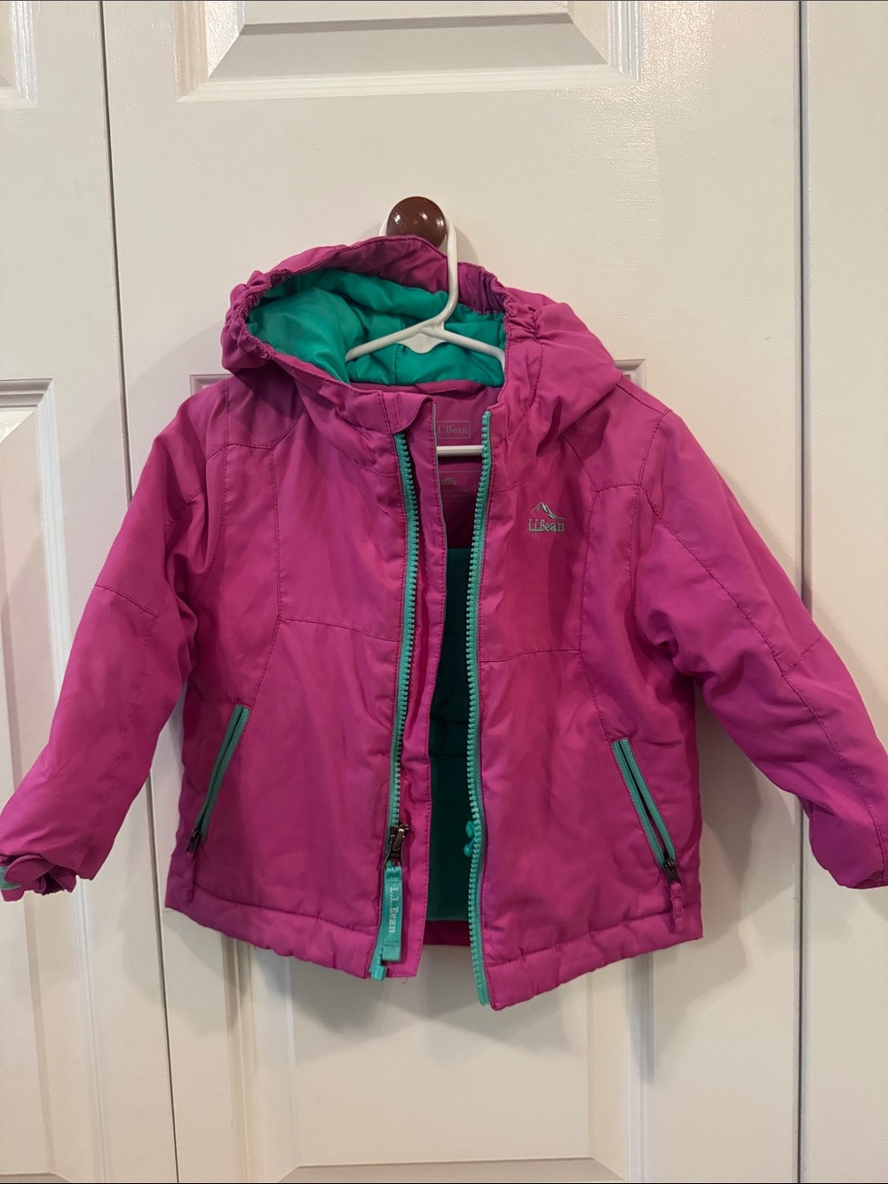 L.L. Bean Bright Pink Kids' Hooded Puffer with Teal Trim